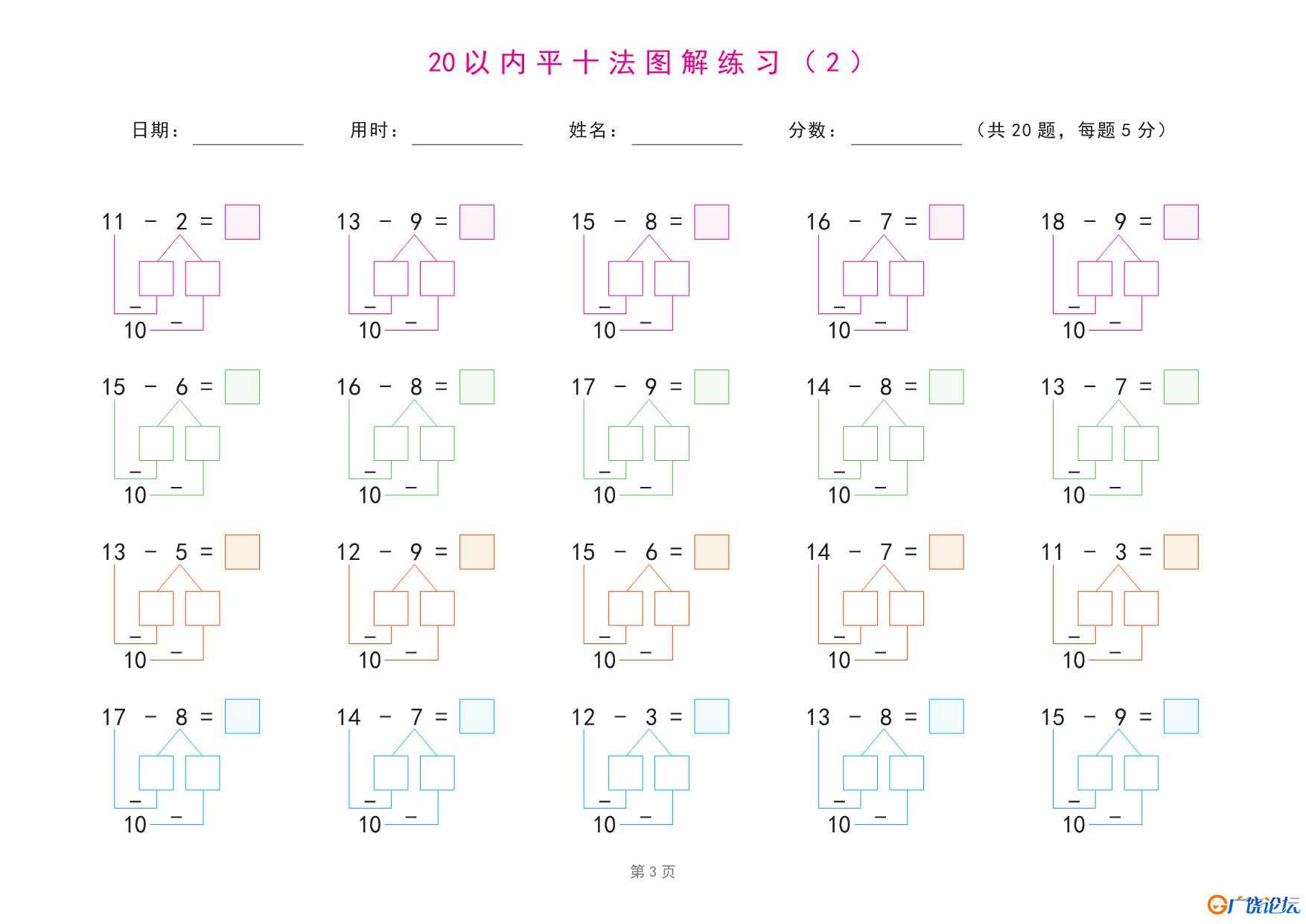 20以内退位减法练习题(平十法图解及算式练习) 21页PDF