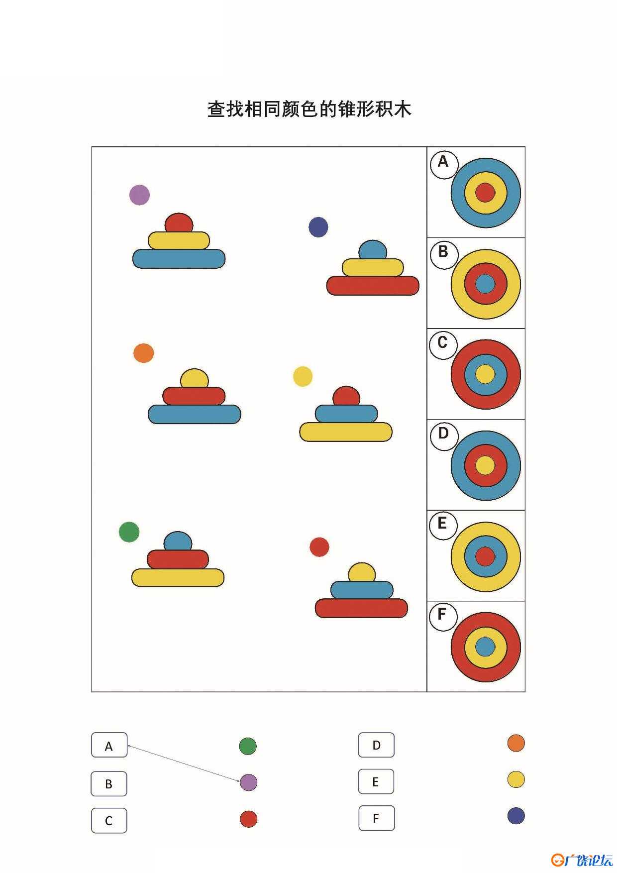 查找相同颜色的锥形积木，7页PDF可打印 思维逻辑 亲子游戏 广饶论坛中小学教育智慧平台 ...