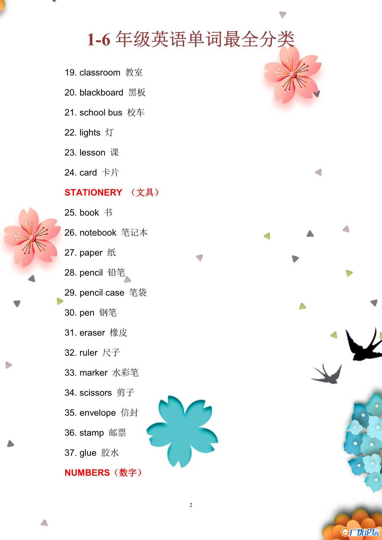 1-6年级英语单词最全分类 共30页PDF可打印 小学1至6年级知识点归纳 广饶论坛中小学教育智慧平台 ...