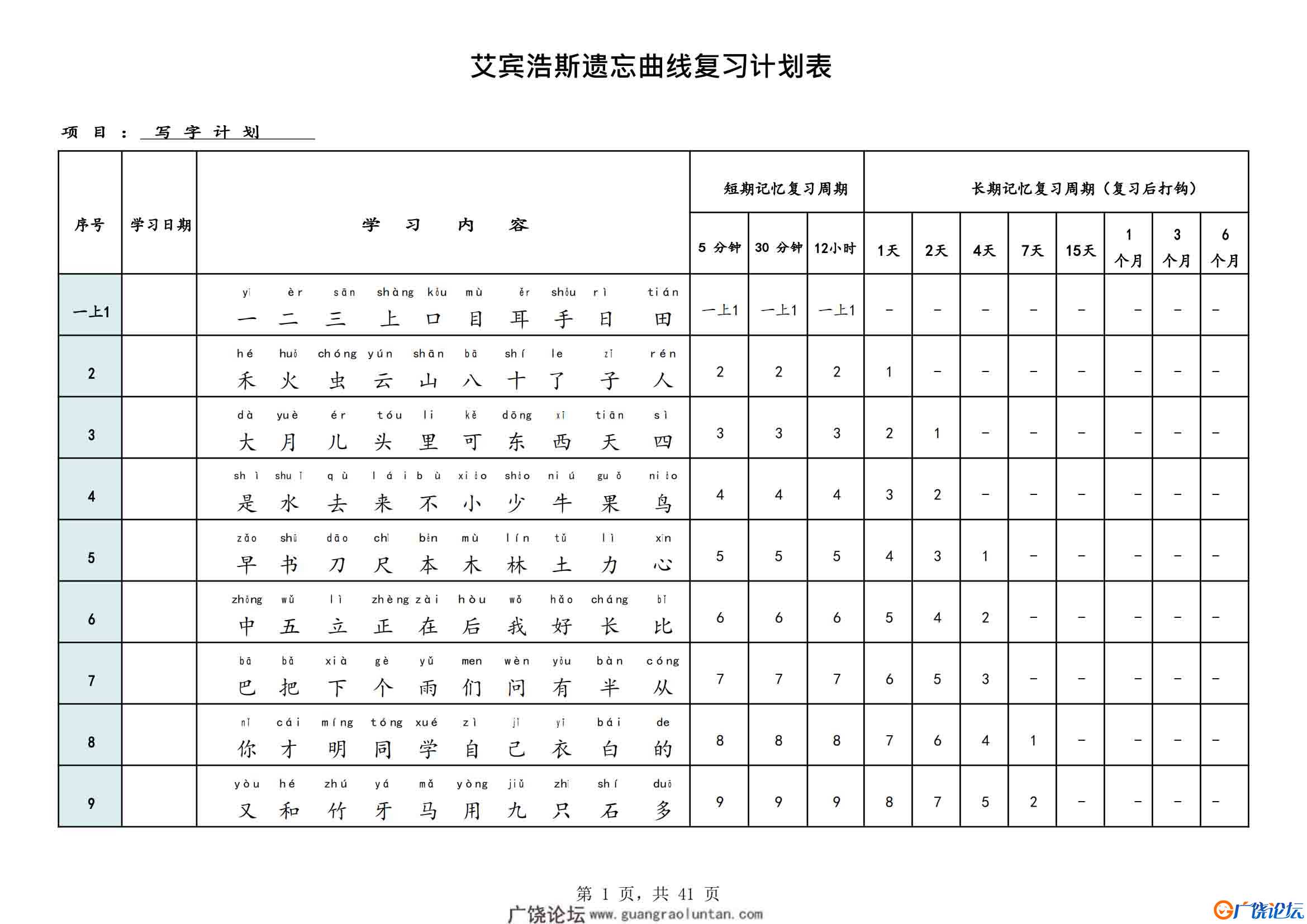 艾宾浩斯曲线生字表（1-6年级全册），41页PDF可打印小学1至6年级综合教学资料 家长在家亲子教育资源 广饶论 ...