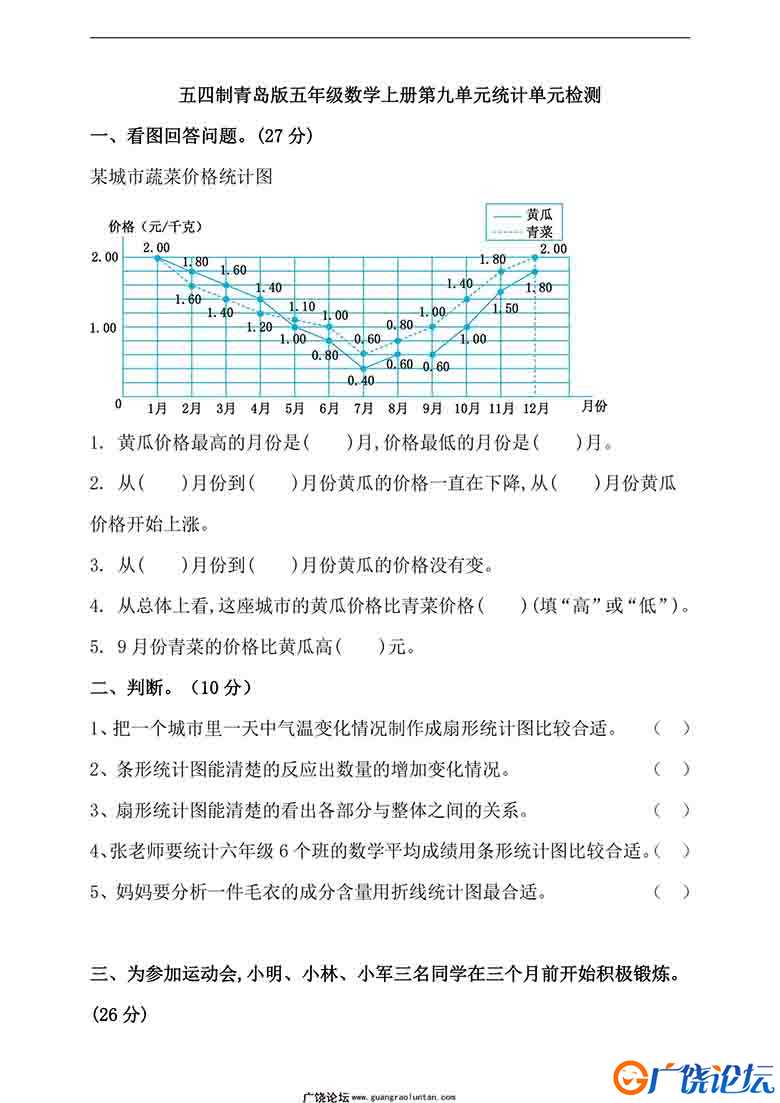 五年级上册数学 单元测试卷【第2套】（9份）青岛版五四制（含答案）PDF可打印小学5年级综合教学资料 家长在 ...