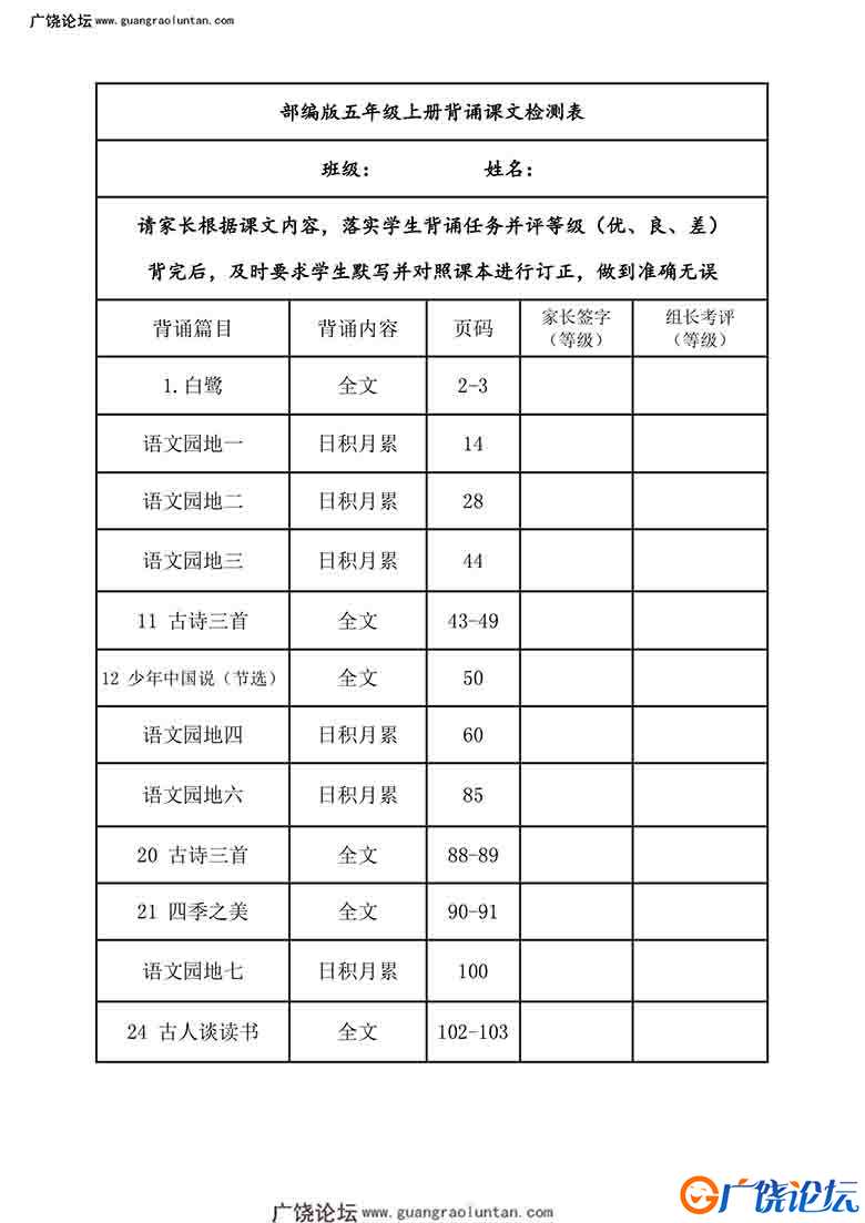 五年级上册语文背诵课文内容及闯关表，8页PDF可打印小学5年级综合教学资料 家长在家亲子教育资源 广饶论坛  ...