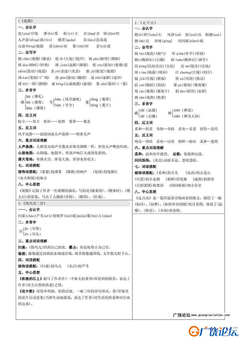 四年级上册语文课课贴，8页可打印PDF 小学4年级综合教学资料 家长在家亲子教育资源 广饶论坛中小学教育智慧 ...