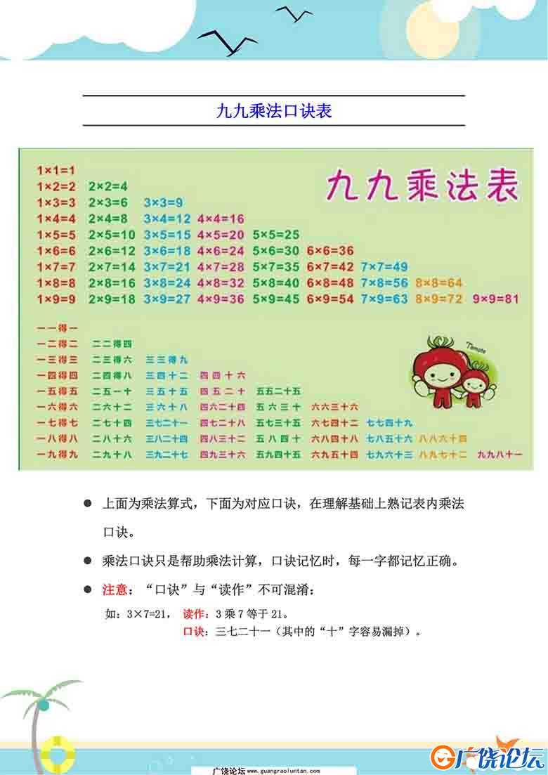 二年级数学上册乘法口诀表识记攻略 5页可打印PDF 小学2年级综合教学资料 家长在家亲子教育资源 广饶论坛中 ...