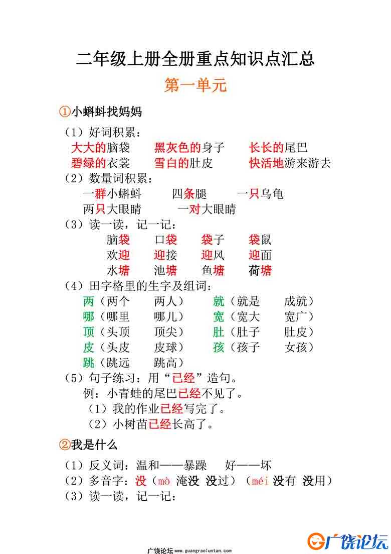 二年级上册语文全册每课重点知识点汇总 18页可打印PDF 小学2年级综合教学资料 家长在家亲子教育资源 广饶论 ...