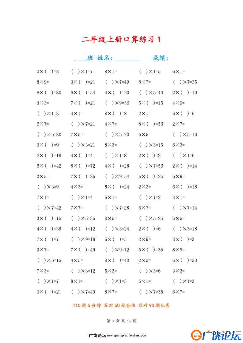 二年级数学上册【乘法口算填空题】，15页可打印PDF 小学2年级综合教学资料 家长在家亲子教育资源 广饶论坛 ...