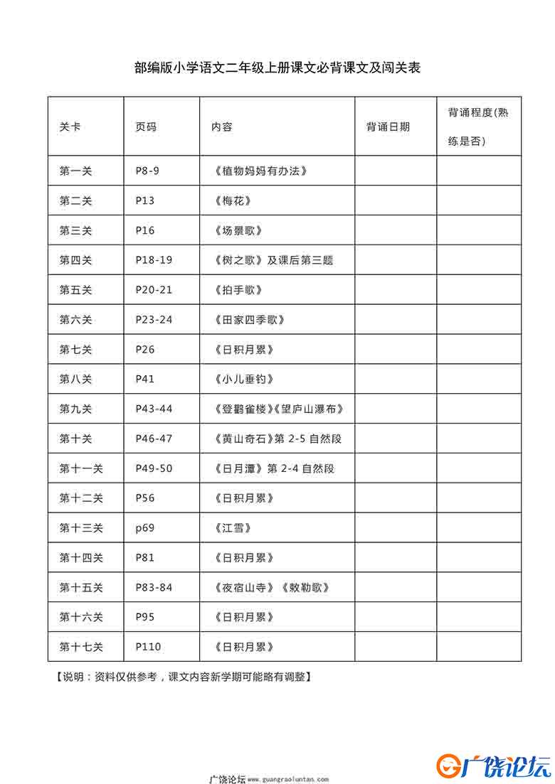 二年级上册语文背诵课文内容及闯关表，7页可打印PDF 小学2年级综合教学资料 家长在家亲子教育资源 广饶论坛 ...