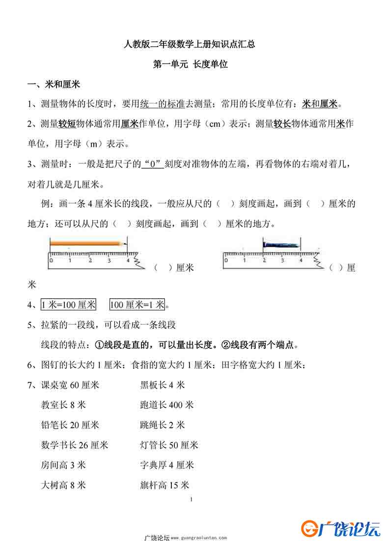 人教版二年级数学上册知识点汇总，14页可打印PDF 小学2年级综合教学资料 家长在家亲子教育资源 广饶论坛中  ...