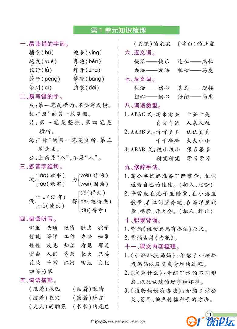 二年级语文上册单元知识梳理，8页可打印PDF 小学2年级综合教学资料 家长在家亲子教育资源 广饶论坛中小学教 ...