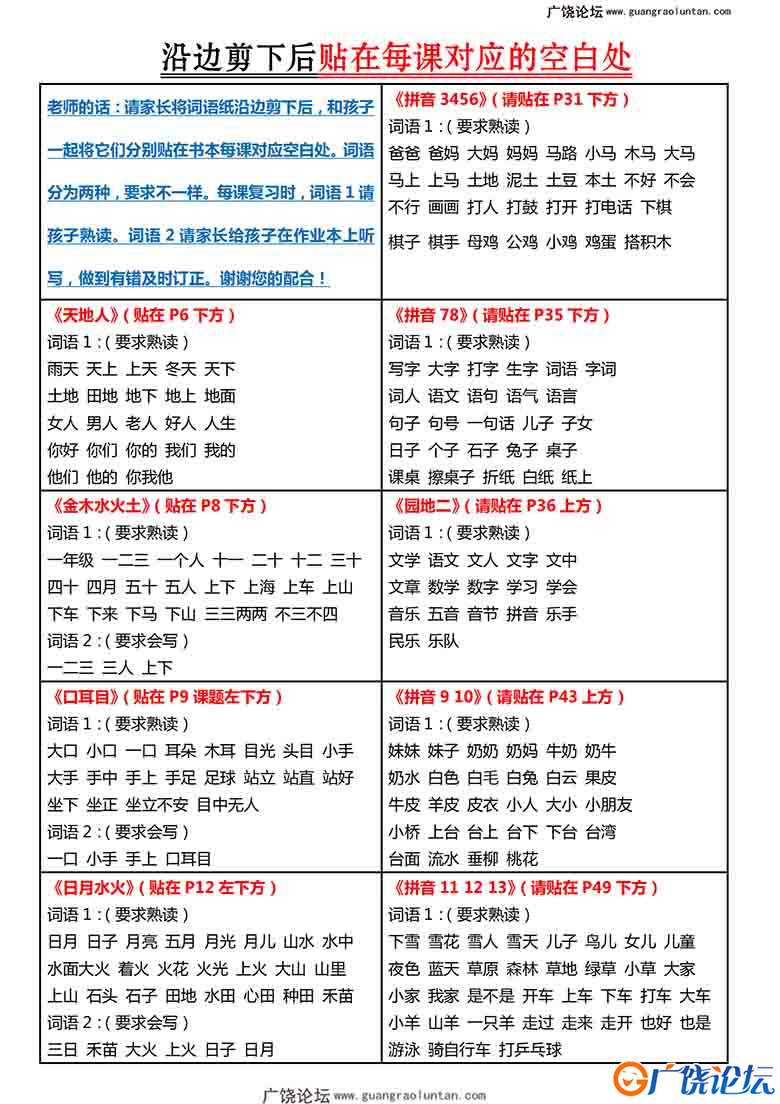 一年级上册语文课课贴，5页可打印PDF 小学1年级综合教学资料 家长在家亲子教育资源 广饶论坛中小学教育智慧 ...