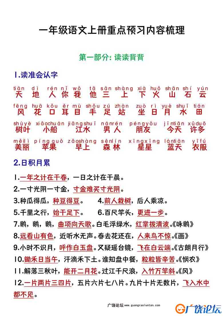 一年级语文上册重点预习内容梳理，7页可打印PDF 小学1年级综合教学资料 家长在家亲子教育资源 广饶论坛中小 ...