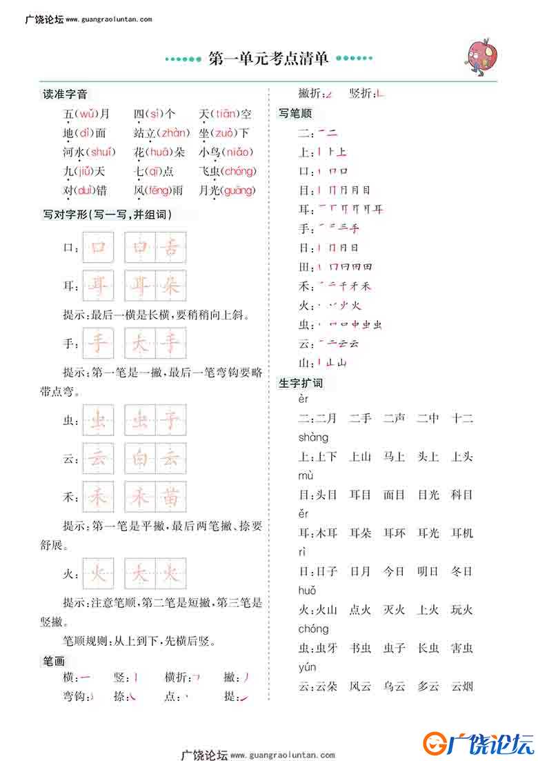 一年级上册语文1-8单元考点清单，14页可打印PDF 小学1年级综合教学资料 家长在家亲子教育资源 广饶论坛中小 ...