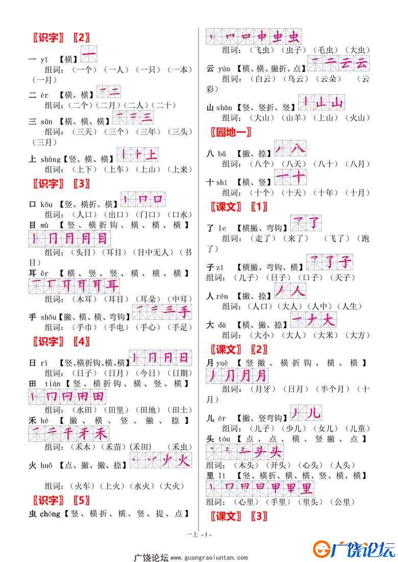 一年级上册语文全册生字 笔顺 组词，4页可打印PDF 小学1年级综合教学资料 家长在家亲子教育资源 广饶论坛中 ...