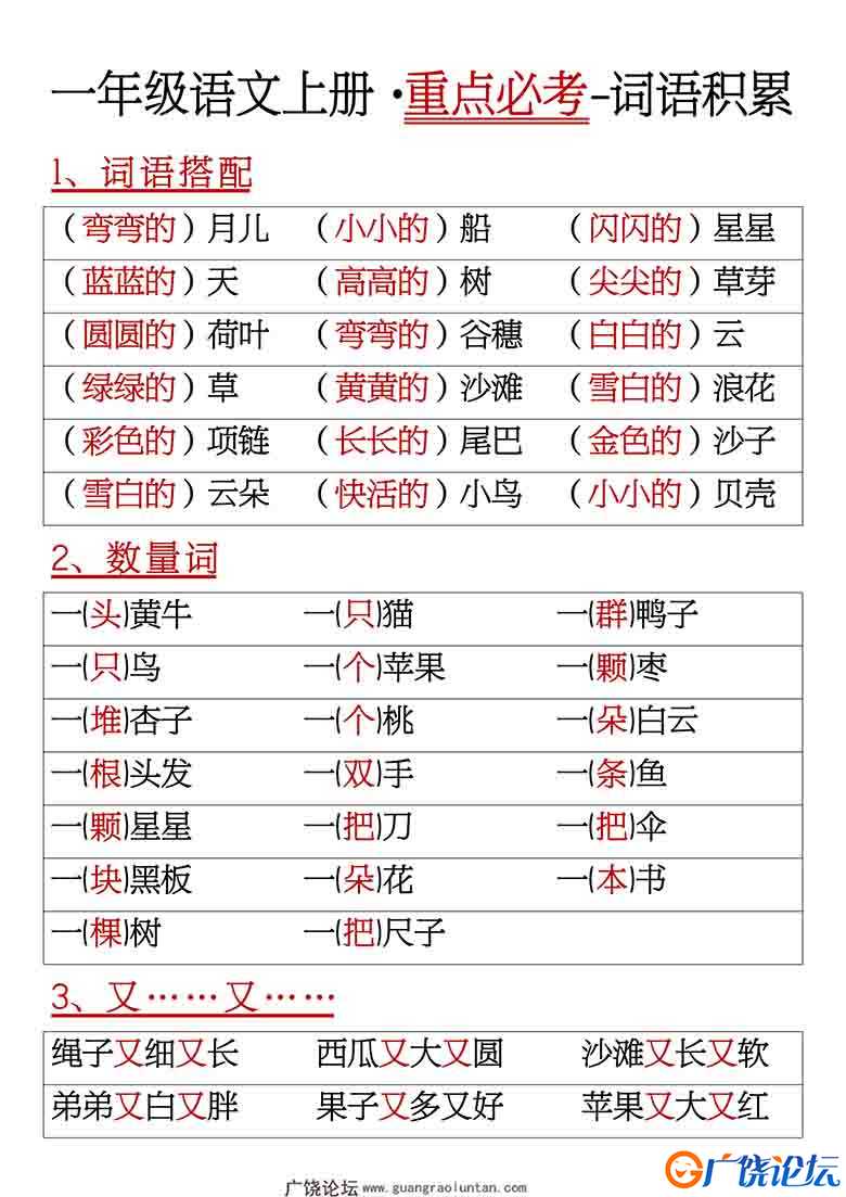 一年级语文上册重点必考词语积累，6页可打印PDF 小学1年级综合教学资料 家长在家亲子教育资源 广饶论坛中小 ...