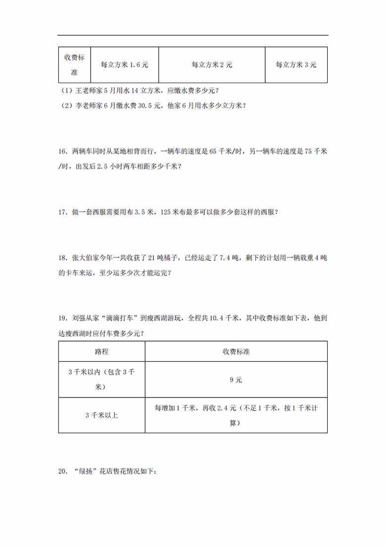 第5练 小数乘法和除法 应用题常考易错题专项汇编（试题）  小学数学五年级上册（苏教.jpg