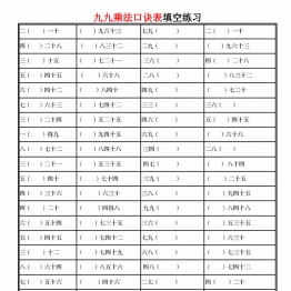 九九乘法口诀表填空练习，3页PDF电子版