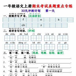 一年级语文上册期末考试真题重点专练 30天冲刺计划，30页PDF可打印