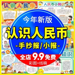 认识人民币手抄报模板数学天地人民币小知识电子小报涂色线稿素材