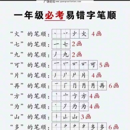 一年级上册语文必考易错字笔顺，2页可打印PDF 小学1年级综合教学资料 家长在家亲子教育资源 广饶论坛中小学教育智慧平台