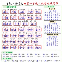 二年级下册语文1-8单元八大考点默写单空白版+答案版，16页PDF电子版学习资料