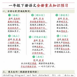 一年级下册语文全册重点知识预习汇总，12页PDF电子版