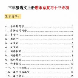 三年级上册语文期末总复习十三专项考点复习（空白版+答案版），39页PDF电子版