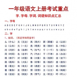 一年级语文上册考试重点 字.字母.字词.词语知识点汇总，7页可打印PDF 小学1年级综合教学资料 家长在家亲子教育资源 广饶论坛中小学教育智慧平台