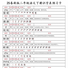 二年级语文下册识字表预习卡，47页PDF可打印学习资料