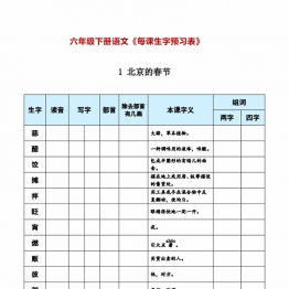 六年级下册语文《每课生字预习表》，11页PDF可打印