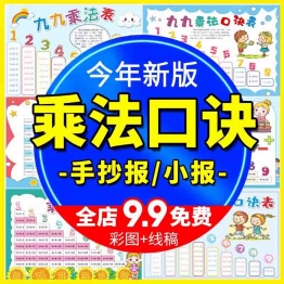 九九乘法口诀表手抄报小学生数学乘法表电子小报线稿涂色黑白模板