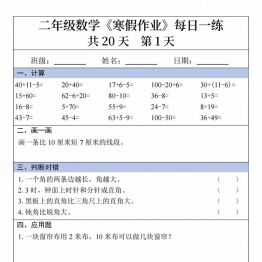 二年级数学寒假作业每日一练20天，20页PDF电子版