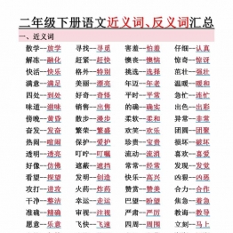 二年级下册语文近义词、反义词汇总（空白+答案），12页PDF电子版学习资料