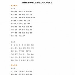 部编五年级语文下册近义词反义词汇总，5页PDF